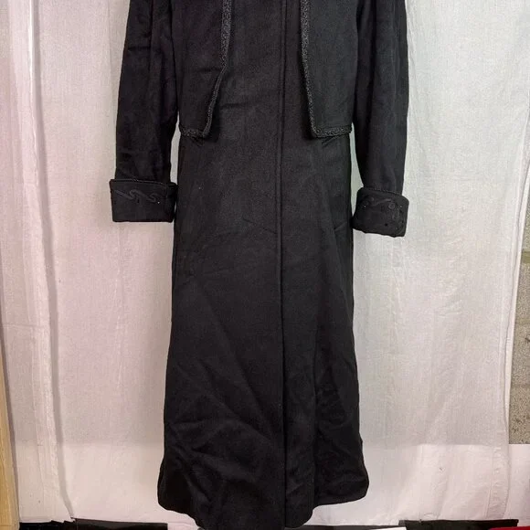 Vtg Lorovi Black Wool Coat Cape Collar Trim Elegant Overcoat Check Measurements - Picture 2 of 11